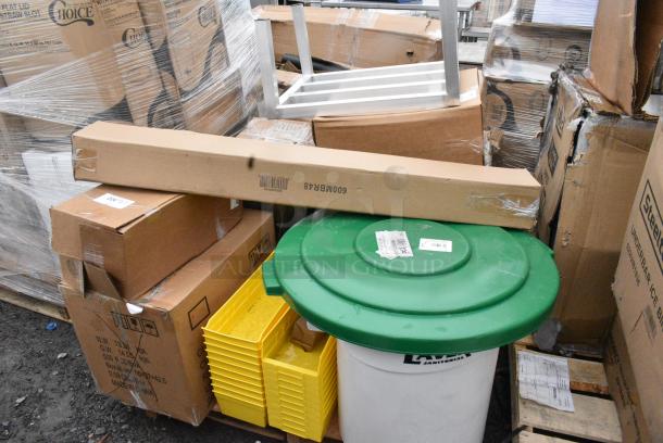 15 BRAND NEW! Boxes Including 600MBR48 Regency 48" Stainless Steel Mop / Broom Rack with 5 Holders, 475TCLD55GN Lavex 55 Gallon Green Round Commercial Trash Can Lid, 550340Q Anchor Hocking 340Q 11 1/4" Glass Canton Cake Dome, 600DUN202412 Regency 24" x 20" x 12" Aluminum Dunnage Rack - 1,500 lb. Capacity, Lavex 475TCLD20WH Lavex 20 Gallon White Round Commercial Trash Can Lid, 21810551H Cato 10551-H Chief Red Surface-Mounted Fire Extinguisher Cabinet with Hammer Attachment for 5 lb. Fire Extinguishers. 15 Times Your Bid! May Be Missing Pieces - Image 1 of 10