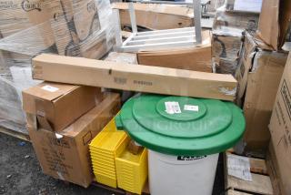 15 BRAND NEW! Boxes Including 600MBR48 Regency 48" Stainless Steel Mop / Broom Rack with 5 Holders, 475TCLD55GN Lavex 55 Gallon Green Round Commercial Trash Can Lid, 550340Q Anchor Hocking 340Q 11 1/4" Glass Canton Cake Dome, 600DUN202412 Regency 24" x 20" x 12" Aluminum Dunnage Rack - 1,500 lb. Capacity, Lavex 475TCLD20WH Lavex 20 Gallon White Round Commercial Trash Can Lid, 21810551H Cato 10551-H Chief Red Surface-Mounted Fire Extinguisher Cabinet with Hammer Attachment for 5 lb. Fire Extinguishers. 15 Times Your Bid! May Be Missing Pieces