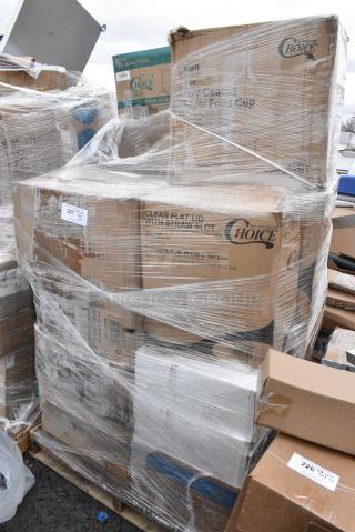 30 BRAND NEW! Boxes Including 395SP10W Choice Square Plates, 5003DNAP Choice 15" x 17" White 3-Ply Dinner Napkin - 2000/Case, 760SOUP8KB Choice 8 oz. Kraft Poly-Coated Paper Food Cup - 1000/Case, 500L1020W Choice White Hot Paper Cup Travel Lid for 10-24 oz. Standard Cups and 8 oz. Squat Cups - 1000/Case, 500LFLAT Choice Clear Flat Lid with Straw Slot - 9, 12, 16, 20, and 24 oz. - 1000/Case, 500CC16 Choice Clear PET Customizable Plastic Cold Cup - 16 oz. - 1000/Case. 30 Times Your Bid! May Be Missing Pieces