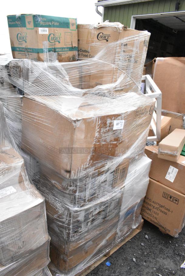 30 BRAND NEW! Boxes Including 395SP10W Choice Square Plates, 5003DNAP Choice 15" x 17" White 3-Ply Dinner Napkin - 2000/Case, 760SOUP8KB Choice 8 oz. Kraft Poly-Coated Paper Food Cup - 1000/Case, 500L1020W Choice White Hot Paper Cup Travel Lid for 10-24 oz. Standard Cups and 8 oz. Squat Cups - 1000/Case, 500LFLAT Choice Clear Flat Lid with Straw Slot - 9, 12, 16, 20, and 24 oz. - 1000/Case, 500CC16 Choice Clear PET Customizable Plastic Cold Cup - 16 oz. - 1000/Case. 30 Times Your Bid! May Be Missing Pieces - Image 2 of 8