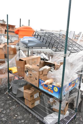 Chrome Finish 3 Tier Wire Shelving Unit w/ Contents Including Lettuce Spinner and Poly Containers. BUYER MUST DISMANTLE. PCI CANNOT DISMANTLE FOR SHIPPING. PLEASE CONSIDER FREIGHT CHARGES.