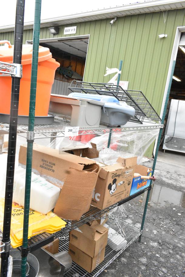 Chrome Finish 3 Tier Wire Shelving Unit w/ Contents Including Lettuce Spinner and Poly Containers. BUYER MUST DISMANTLE. PCI CANNOT DISMANTLE FOR SHIPPING. PLEASE CONSIDER FREIGHT CHARGES. - Image 2 of 11