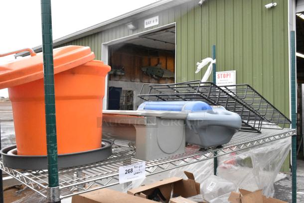 Chrome Finish 3 Tier Wire Shelving Unit w/ Contents Including Lettuce Spinner and Poly Containers. BUYER MUST DISMANTLE. PCI CANNOT DISMANTLE FOR SHIPPING. PLEASE CONSIDER FREIGHT CHARGES. - Image 3 of 11