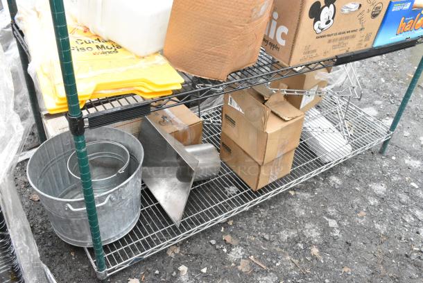 Chrome Finish 3 Tier Wire Shelving Unit w/ Contents Including Lettuce Spinner and Poly Containers. BUYER MUST DISMANTLE. PCI CANNOT DISMANTLE FOR SHIPPING. PLEASE CONSIDER FREIGHT CHARGES. - Image 5 of 11