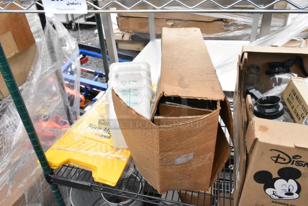 Chrome Finish 3 Tier Wire Shelving Unit w/ Contents Including Lettuce Spinner and Poly Containers. BUYER MUST DISMANTLE. PCI CANNOT DISMANTLE FOR SHIPPING. PLEASE CONSIDER FREIGHT CHARGES. - Image 7 of 11