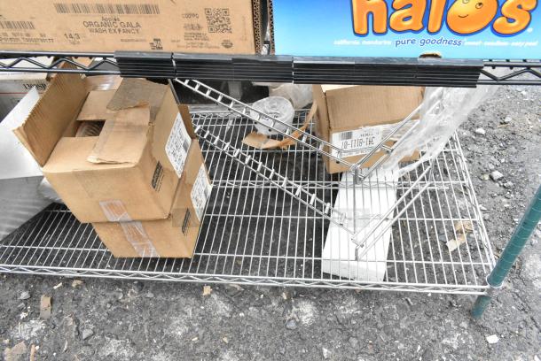 Chrome Finish 3 Tier Wire Shelving Unit w/ Contents Including Lettuce Spinner and Poly Containers. BUYER MUST DISMANTLE. PCI CANNOT DISMANTLE FOR SHIPPING. PLEASE CONSIDER FREIGHT CHARGES. - Image 10 of 11