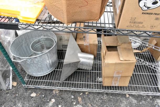 Chrome Finish 3 Tier Wire Shelving Unit w/ Contents Including Lettuce Spinner and Poly Containers. BUYER MUST DISMANTLE. PCI CANNOT DISMANTLE FOR SHIPPING. PLEASE CONSIDER FREIGHT CHARGES. - Image 11 of 11