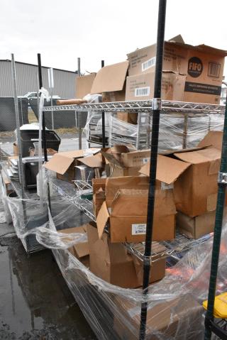 Chrome Finish 3 Tier Wire Shelving Unit w/ Contents Including Boxes. BUYER MUST DISMANTLE. PCI CANNOT DISMANTLE FOR SHIPPING. PLEASE CONSIDER FREIGHT CHARGES.