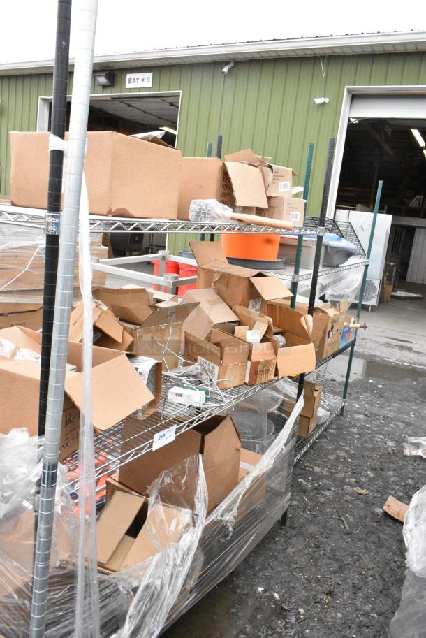 Chrome Finish 3 Tier Wire Shelving Unit w/ Contents Including Boxes. BUYER MUST DISMANTLE. PCI CANNOT DISMANTLE FOR SHIPPING. PLEASE CONSIDER FREIGHT CHARGES. - Image 2 of 11