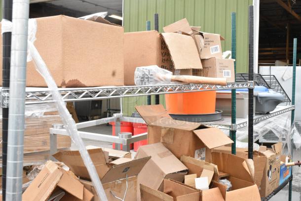 Chrome Finish 3 Tier Wire Shelving Unit w/ Contents Including Boxes. BUYER MUST DISMANTLE. PCI CANNOT DISMANTLE FOR SHIPPING. PLEASE CONSIDER FREIGHT CHARGES. - Image 3 of 11