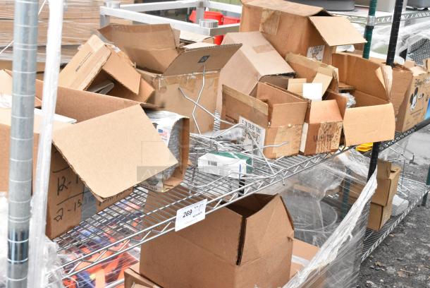 Chrome Finish 3 Tier Wire Shelving Unit w/ Contents Including Boxes. BUYER MUST DISMANTLE. PCI CANNOT DISMANTLE FOR SHIPPING. PLEASE CONSIDER FREIGHT CHARGES. - Image 4 of 11