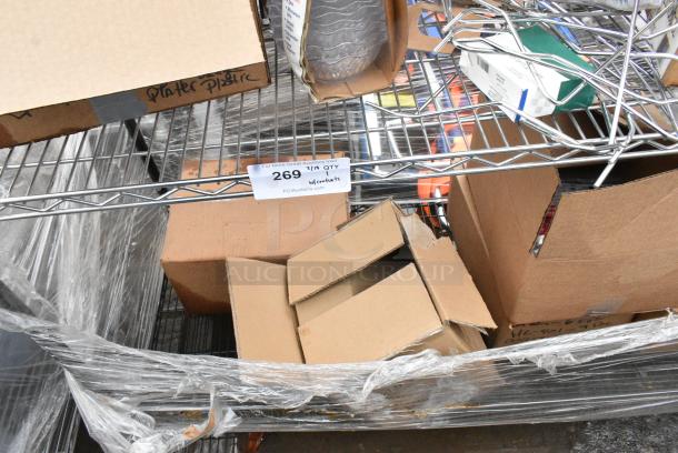 Chrome Finish 3 Tier Wire Shelving Unit w/ Contents Including Boxes. BUYER MUST DISMANTLE. PCI CANNOT DISMANTLE FOR SHIPPING. PLEASE CONSIDER FREIGHT CHARGES. - Image 6 of 11