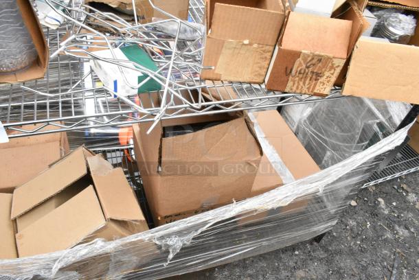 Chrome Finish 3 Tier Wire Shelving Unit w/ Contents Including Boxes. BUYER MUST DISMANTLE. PCI CANNOT DISMANTLE FOR SHIPPING. PLEASE CONSIDER FREIGHT CHARGES. - Image 7 of 11