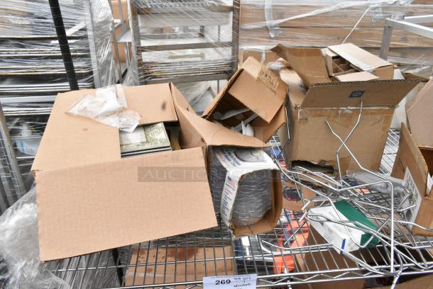 Chrome Finish 3 Tier Wire Shelving Unit w/ Contents Including Boxes. BUYER MUST DISMANTLE. PCI CANNOT DISMANTLE FOR SHIPPING. PLEASE CONSIDER FREIGHT CHARGES. - Image 8 of 11