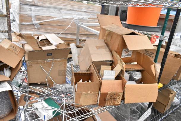 Chrome Finish 3 Tier Wire Shelving Unit w/ Contents Including Boxes. BUYER MUST DISMANTLE. PCI CANNOT DISMANTLE FOR SHIPPING. PLEASE CONSIDER FREIGHT CHARGES. - Image 9 of 11