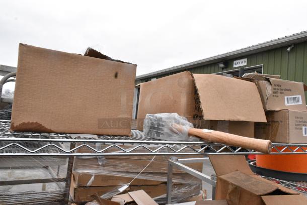 Chrome Finish 3 Tier Wire Shelving Unit w/ Contents Including Boxes. BUYER MUST DISMANTLE. PCI CANNOT DISMANTLE FOR SHIPPING. PLEASE CONSIDER FREIGHT CHARGES. - Image 10 of 11