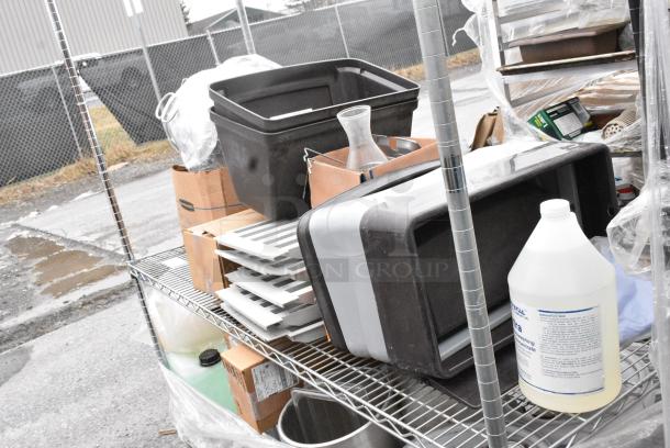 Chrome Finish 2 Tier Wire Shelving Unit w/ Contents Including Trash Can Lids and Poly Drop In Bins. BUYER MUST DISMANTLE. PCI CANNOT DISMANTLE FOR SHIPPING. PLEASE CONSIDER FREIGHT CHARGES. - Image 3 of 8