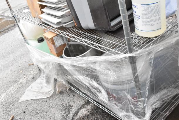 Chrome Finish 2 Tier Wire Shelving Unit w/ Contents Including Trash Can Lids and Poly Drop In Bins. BUYER MUST DISMANTLE. PCI CANNOT DISMANTLE FOR SHIPPING. PLEASE CONSIDER FREIGHT CHARGES. - Image 4 of 8