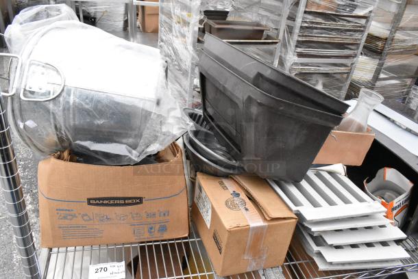 Chrome Finish 2 Tier Wire Shelving Unit w/ Contents Including Trash Can Lids and Poly Drop In Bins. BUYER MUST DISMANTLE. PCI CANNOT DISMANTLE FOR SHIPPING. PLEASE CONSIDER FREIGHT CHARGES. - Image 5 of 8