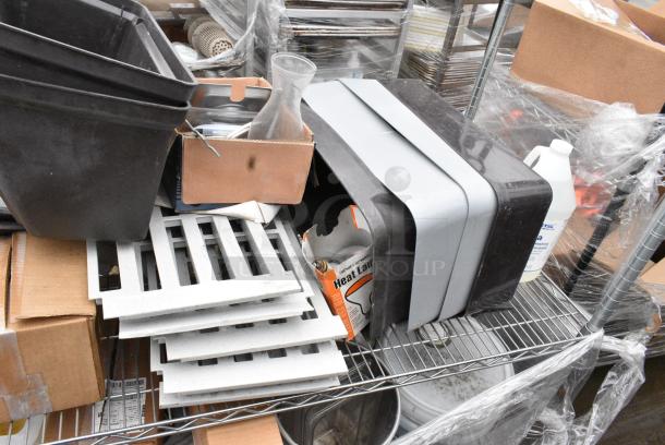 Chrome Finish 2 Tier Wire Shelving Unit w/ Contents Including Trash Can Lids and Poly Drop In Bins. BUYER MUST DISMANTLE. PCI CANNOT DISMANTLE FOR SHIPPING. PLEASE CONSIDER FREIGHT CHARGES. - Image 6 of 8