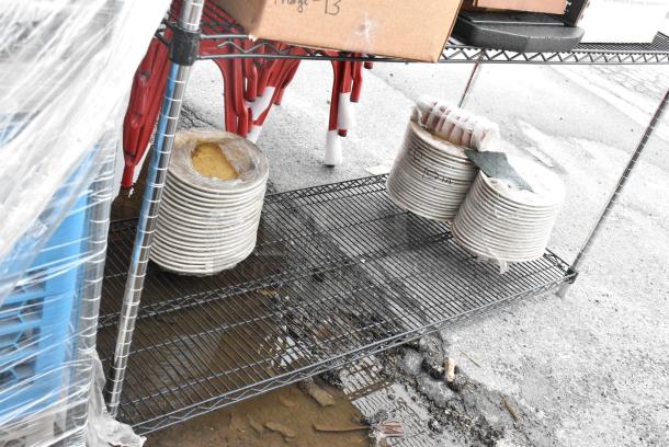 Chrome and Black Finish 3 Tier Wire Shelving Unit w/ Contents Including Dishes. BUYER MUST DISMANTLE. PCI CANNOT DISMANTLE FOR SHIPPING. PLEASE CONSIDER FREIGHT CHARGES. - Image 3 of 13