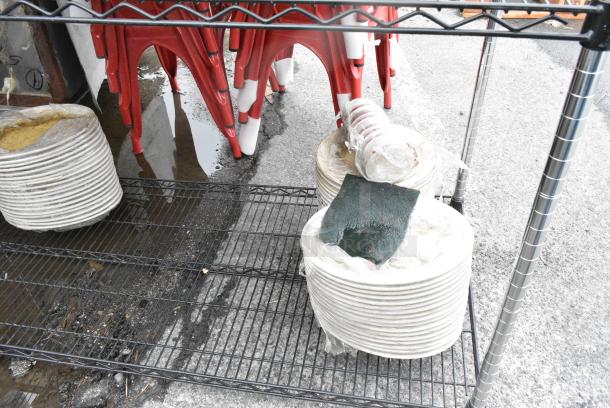 Chrome and Black Finish 3 Tier Wire Shelving Unit w/ Contents Including Dishes. BUYER MUST DISMANTLE. PCI CANNOT DISMANTLE FOR SHIPPING. PLEASE CONSIDER FREIGHT CHARGES. - Image 6 of 13