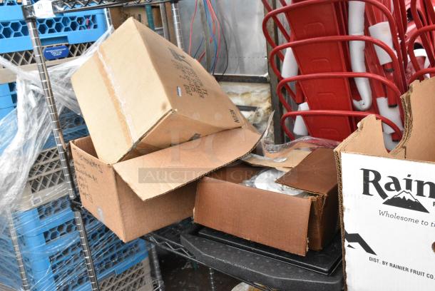 Chrome and Black Finish 3 Tier Wire Shelving Unit w/ Contents Including Dishes. BUYER MUST DISMANTLE. PCI CANNOT DISMANTLE FOR SHIPPING. PLEASE CONSIDER FREIGHT CHARGES. - Image 8 of 13