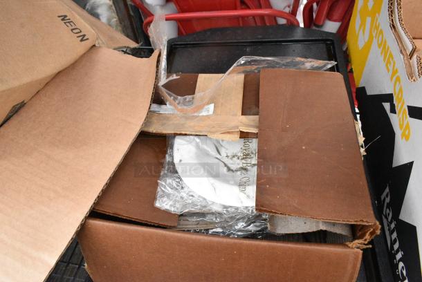 Chrome and Black Finish 3 Tier Wire Shelving Unit w/ Contents Including Dishes. BUYER MUST DISMANTLE. PCI CANNOT DISMANTLE FOR SHIPPING. PLEASE CONSIDER FREIGHT CHARGES. - Image 12 of 13