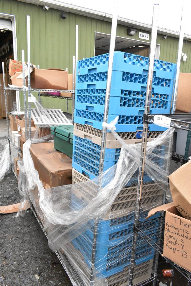 Chrome Finish 2 Tier Wire Shelving Unit w/ Contents Including Dish Caddies and Food Catering Case. BUYER MUST DISMANTLE. PCI CANNOT DISMANTLE FOR SHIPPING. PLEASE CONSIDER FREIGHT CHARGES. - Image 2 of 4