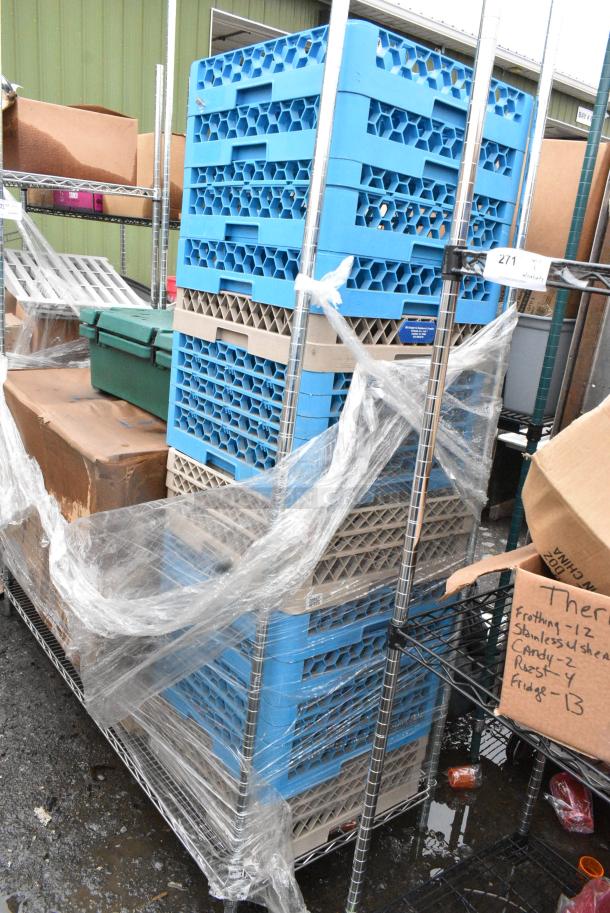 Chrome Finish 2 Tier Wire Shelving Unit w/ Contents Including Dish Caddies and Food Catering Case. BUYER MUST DISMANTLE. PCI CANNOT DISMANTLE FOR SHIPPING. PLEASE CONSIDER FREIGHT CHARGES. - Image 3 of 4