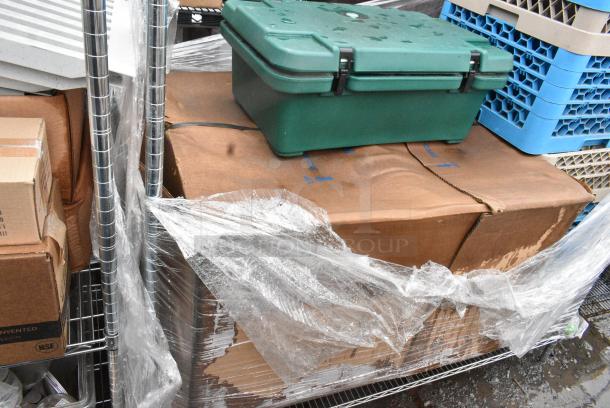Chrome Finish 2 Tier Wire Shelving Unit w/ Contents Including Dish Caddies and Food Catering Case. BUYER MUST DISMANTLE. PCI CANNOT DISMANTLE FOR SHIPPING. PLEASE CONSIDER FREIGHT CHARGES. - Image 4 of 4