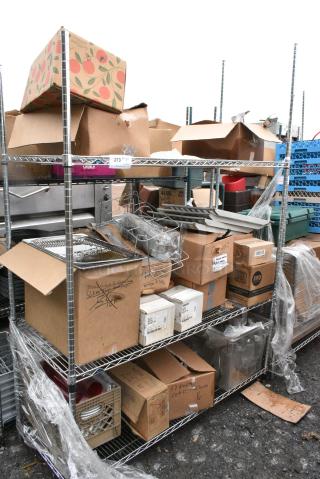 Chrome Finish 3 Tier Wire Shelving Unit w/ Contents Including Poly Beverage Tumbler and Dishes. BUYER MUST DISMANTLE. PCI CANNOT DISMANTLE FOR SHIPPING. PLEASE CONSIDER FREIGHT CHARGES.
