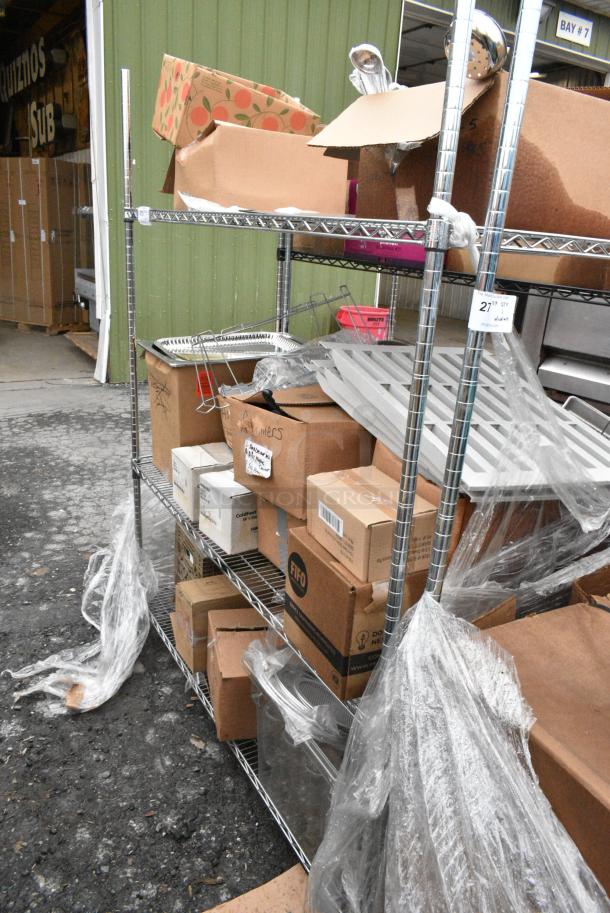 Chrome Finish 3 Tier Wire Shelving Unit w/ Contents Including Poly Beverage Tumbler and Dishes. BUYER MUST DISMANTLE. PCI CANNOT DISMANTLE FOR SHIPPING. PLEASE CONSIDER FREIGHT CHARGES. - Image 2 of 12