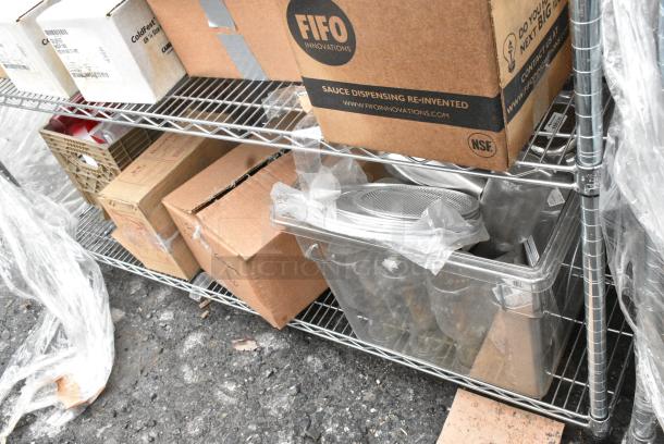 Chrome Finish 3 Tier Wire Shelving Unit w/ Contents Including Poly Beverage Tumbler and Dishes. BUYER MUST DISMANTLE. PCI CANNOT DISMANTLE FOR SHIPPING. PLEASE CONSIDER FREIGHT CHARGES. - Image 5 of 12