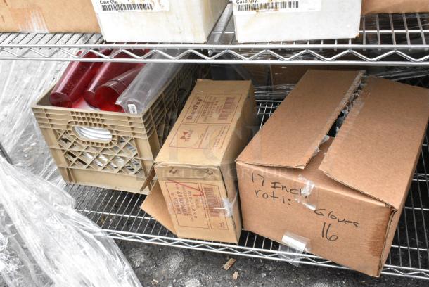 Chrome Finish 3 Tier Wire Shelving Unit w/ Contents Including Poly Beverage Tumbler and Dishes. BUYER MUST DISMANTLE. PCI CANNOT DISMANTLE FOR SHIPPING. PLEASE CONSIDER FREIGHT CHARGES. - Image 7 of 12