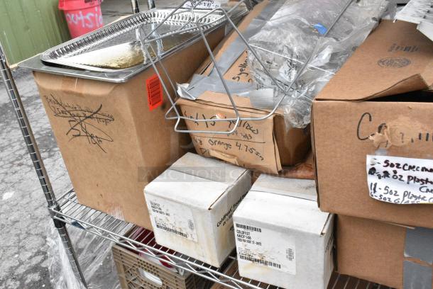 Chrome Finish 3 Tier Wire Shelving Unit w/ Contents Including Poly Beverage Tumbler and Dishes. BUYER MUST DISMANTLE. PCI CANNOT DISMANTLE FOR SHIPPING. PLEASE CONSIDER FREIGHT CHARGES. - Image 8 of 12