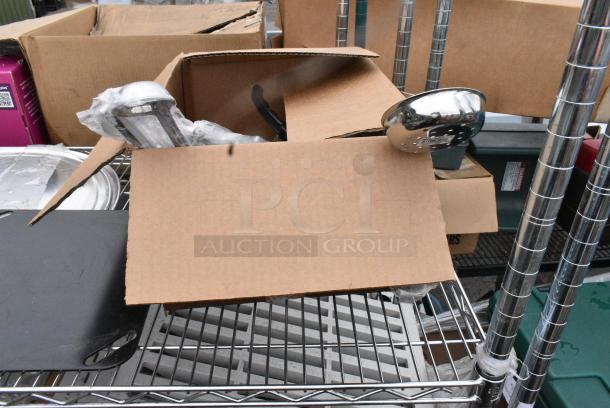 Chrome Finish 3 Tier Wire Shelving Unit w/ Contents Including Poly Beverage Tumbler and Dishes. BUYER MUST DISMANTLE. PCI CANNOT DISMANTLE FOR SHIPPING. PLEASE CONSIDER FREIGHT CHARGES. - Image 10 of 12