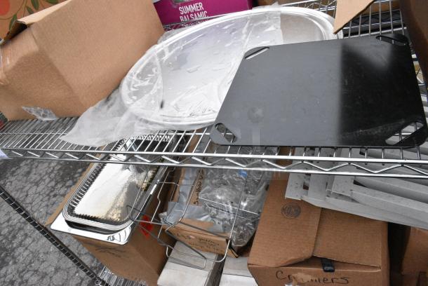 Chrome Finish 3 Tier Wire Shelving Unit w/ Contents Including Poly Beverage Tumbler and Dishes. BUYER MUST DISMANTLE. PCI CANNOT DISMANTLE FOR SHIPPING. PLEASE CONSIDER FREIGHT CHARGES. - Image 11 of 12