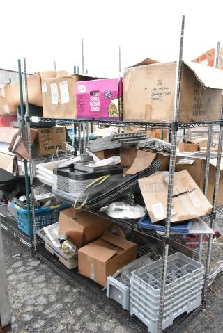 Chrome and Black Finish 3 Tier Wire Shelving Unit w/ Contents Including Bus Bin Lids and Serving Trays. BUYER MUST DISMANTLE. PCI CANNOT DISMANTLE FOR SHIPPING. PLEASE CONSIDER FREIGHT CHARGES.