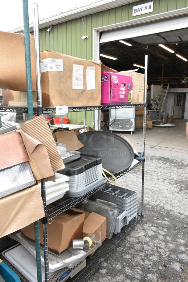 Chrome and Black Finish 3 Tier Wire Shelving Unit w/ Contents Including Bus Bin Lids and Serving Trays. BUYER MUST DISMANTLE. PCI CANNOT DISMANTLE FOR SHIPPING. PLEASE CONSIDER FREIGHT CHARGES. - Image 2 of 12