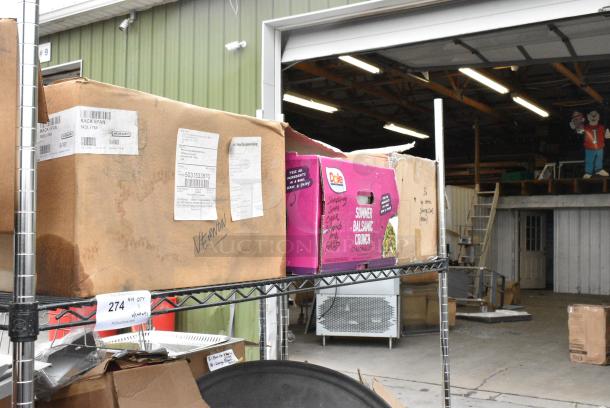 Chrome and Black Finish 3 Tier Wire Shelving Unit w/ Contents Including Bus Bin Lids and Serving Trays. BUYER MUST DISMANTLE. PCI CANNOT DISMANTLE FOR SHIPPING. PLEASE CONSIDER FREIGHT CHARGES. - Image 3 of 12