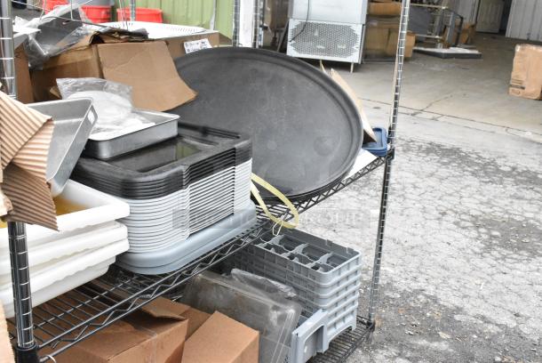 Chrome and Black Finish 3 Tier Wire Shelving Unit w/ Contents Including Bus Bin Lids and Serving Trays. BUYER MUST DISMANTLE. PCI CANNOT DISMANTLE FOR SHIPPING. PLEASE CONSIDER FREIGHT CHARGES. - Image 4 of 12