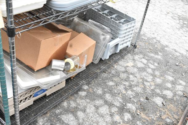 Chrome and Black Finish 3 Tier Wire Shelving Unit w/ Contents Including Bus Bin Lids and Serving Trays. BUYER MUST DISMANTLE. PCI CANNOT DISMANTLE FOR SHIPPING. PLEASE CONSIDER FREIGHT CHARGES. - Image 5 of 12