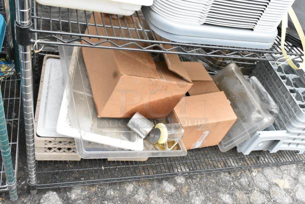 Chrome and Black Finish 3 Tier Wire Shelving Unit w/ Contents Including Bus Bin Lids and Serving Trays. BUYER MUST DISMANTLE. PCI CANNOT DISMANTLE FOR SHIPPING. PLEASE CONSIDER FREIGHT CHARGES. - Image 6 of 12