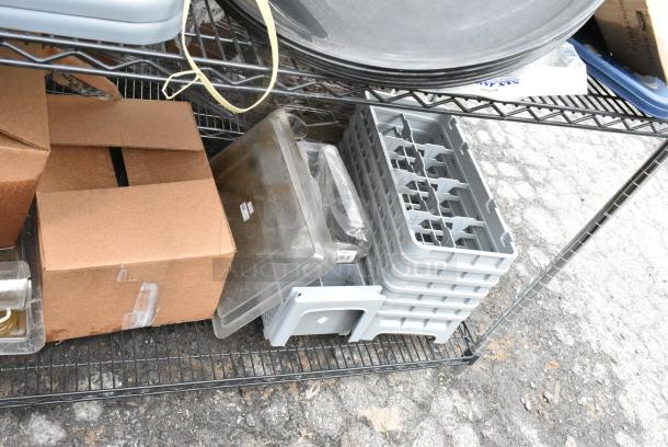 Chrome and Black Finish 3 Tier Wire Shelving Unit w/ Contents Including Bus Bin Lids and Serving Trays. BUYER MUST DISMANTLE. PCI CANNOT DISMANTLE FOR SHIPPING. PLEASE CONSIDER FREIGHT CHARGES. - Image 7 of 12