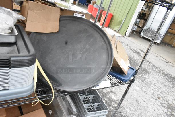 Chrome and Black Finish 3 Tier Wire Shelving Unit w/ Contents Including Bus Bin Lids and Serving Trays. BUYER MUST DISMANTLE. PCI CANNOT DISMANTLE FOR SHIPPING. PLEASE CONSIDER FREIGHT CHARGES. - Image 8 of 12