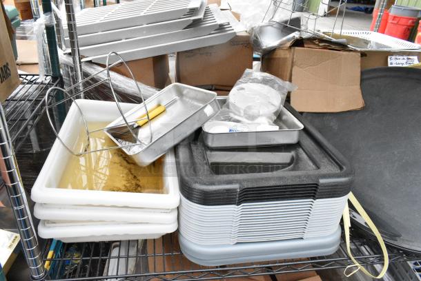 Chrome and Black Finish 3 Tier Wire Shelving Unit w/ Contents Including Bus Bin Lids and Serving Trays. BUYER MUST DISMANTLE. PCI CANNOT DISMANTLE FOR SHIPPING. PLEASE CONSIDER FREIGHT CHARGES. - Image 9 of 12