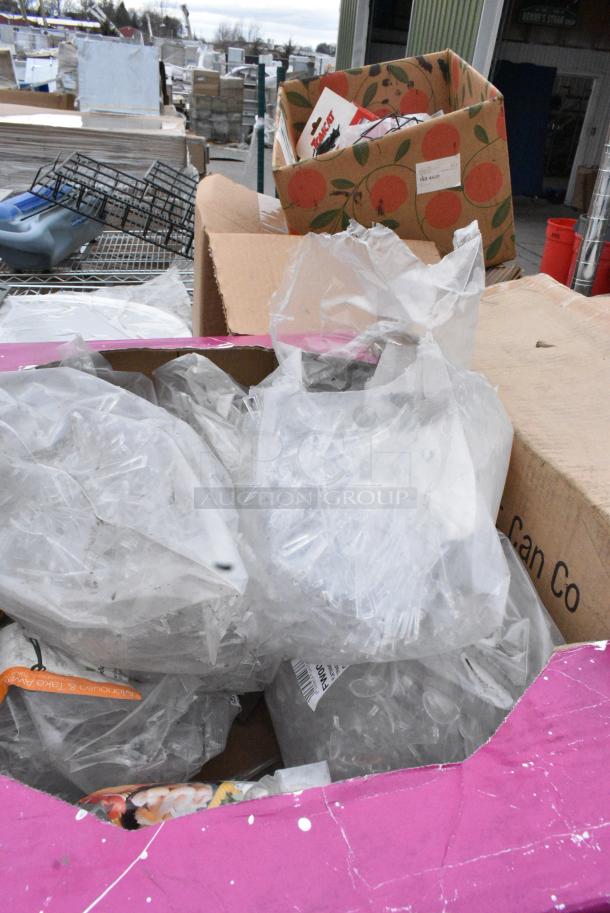 Chrome and Black Finish 3 Tier Wire Shelving Unit w/ Contents Including Bus Bin Lids and Serving Trays. BUYER MUST DISMANTLE. PCI CANNOT DISMANTLE FOR SHIPPING. PLEASE CONSIDER FREIGHT CHARGES. - Image 11 of 12