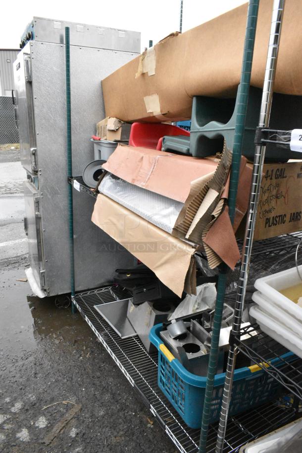 Green Finish 3 Tier Wire Shelving Unit w/ Contents Including Tarp and Booster Seats. BUYER MUST DISMANTLE. PCI CANNOT DISMANTLE FOR SHIPPING. PLEASE CONSIDER FREIGHT CHARGES. - Image 1 of 9