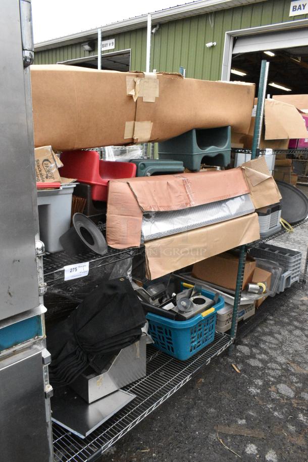 Green Finish 3 Tier Wire Shelving Unit w/ Contents Including Tarp and Booster Seats. BUYER MUST DISMANTLE. PCI CANNOT DISMANTLE FOR SHIPPING. PLEASE CONSIDER FREIGHT CHARGES. - Image 2 of 9